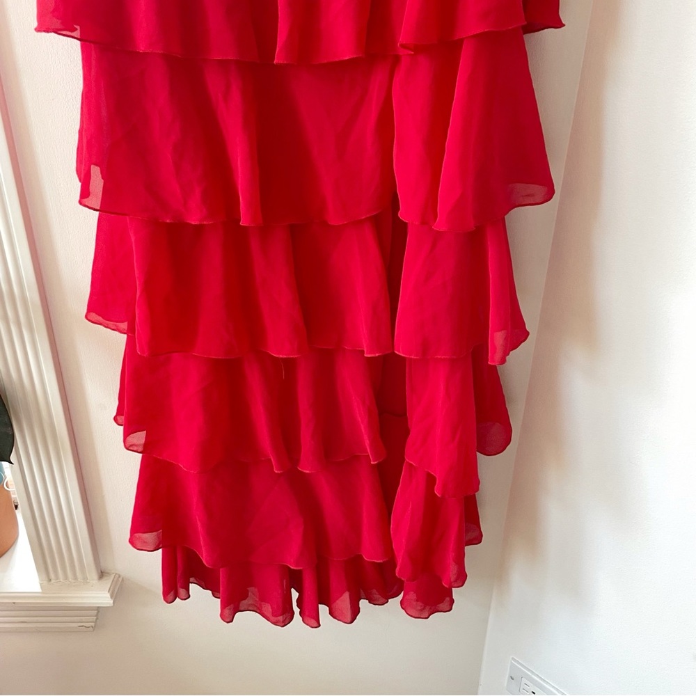 PrettyLittleThing Red Chiffon Ruffle Layer Maxi Dress | Size 6 - Picture 4 of 10